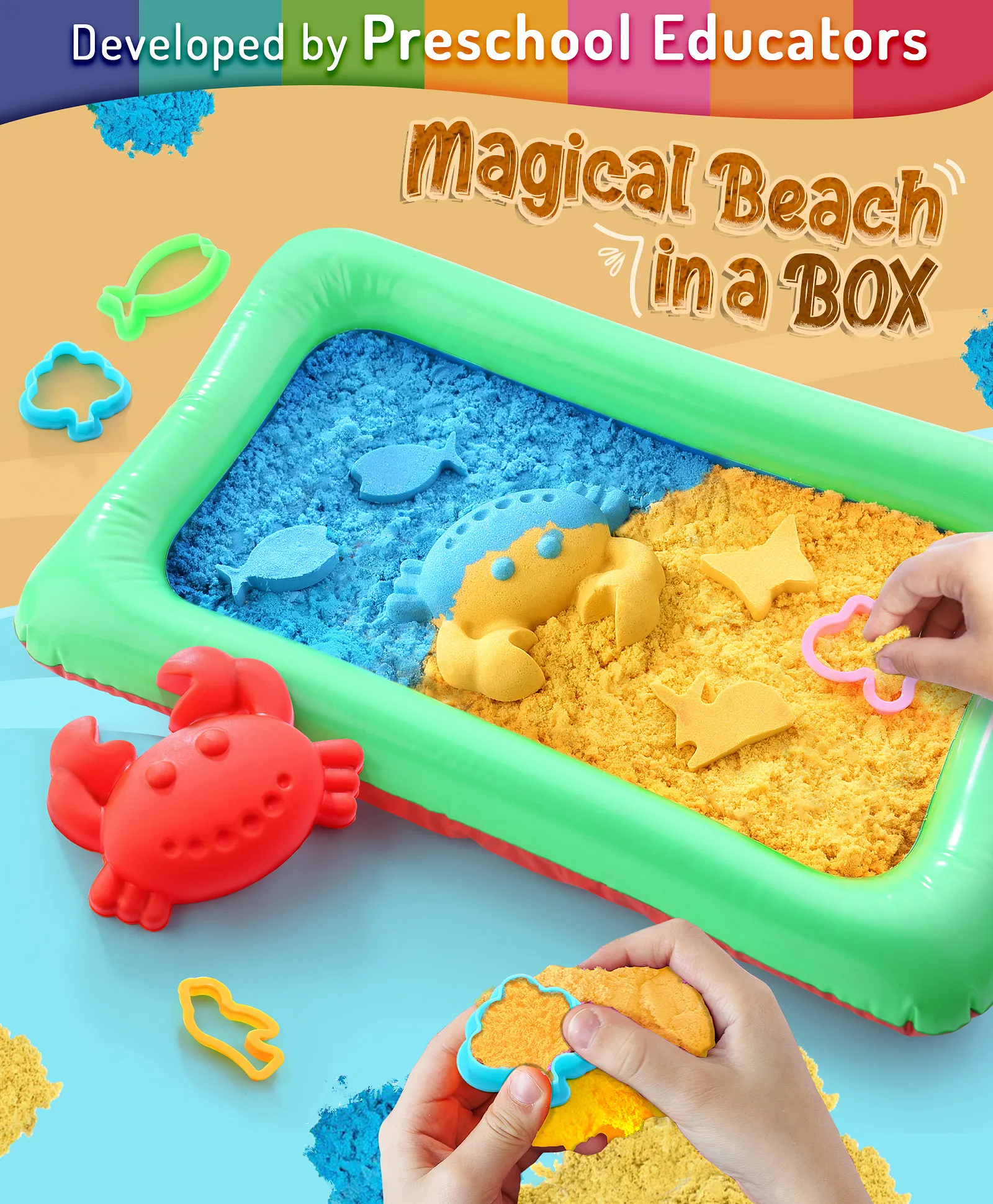 Intelliskills Premium 3-In-1 Magic Kinetic Sand with Big Crab Mold & 7 Shape Molds Art & Craft Activity Kit | Creative Activity & Learning Kit | 500g Sand, 1 Big Crab Mould, 7 Shape Molds & 1 Inflatable Tray| BIS Certified | Educator Recommended