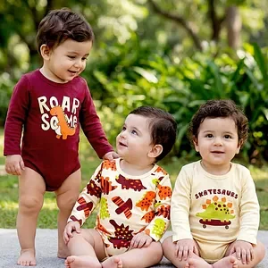 Babyoye 100% Cotton Knit Full Sleeves Dino Printed Onesies Pack of 3 - Cream & Maroon