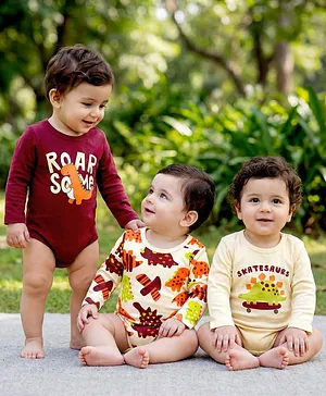 Babyoye 100% Cotton Knit Full Sleeves Dino Printed Onesies Pack of 3 - Cream & Maroon