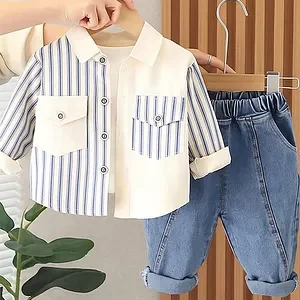 Googo Gaaga Cotton Woven Full Sleeves Striped Shirt With Jeans Set - Cream