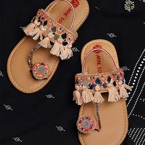 Mine Sole Mirror Work Beads & Tassels Detailed Kolhapuri Sandals - Peach