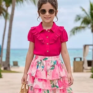OLLINGTON ST. Woven Half Sleeve Top & Georgette Floral Printed Skirt - Multicolour & Pink