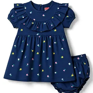 Babyhug Single Jersey Knit Half Sleeves Floral Printed Frock With Bloomer - Navy Blue