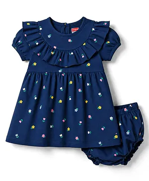 Babyhug Single Jersey Knit Half Sleeves Floral Printed Frock With Bloomer - Navy Blue